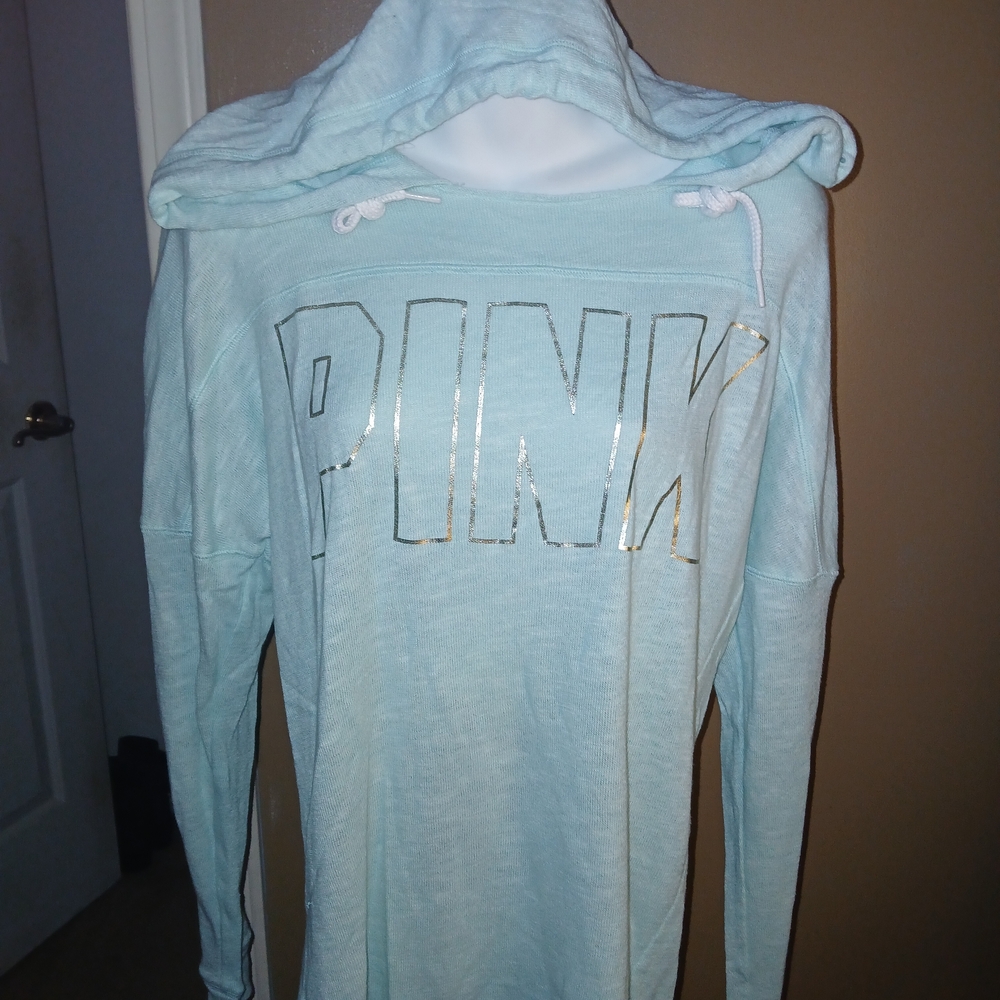 Pink VS Sky Blue Openback Hooded Long Sleeve with PINK Foiled Logo